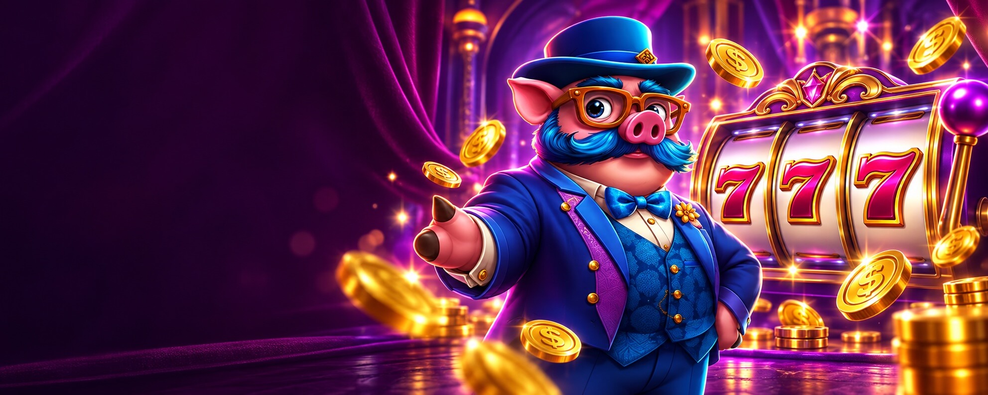 Piggy in his blue top hat beside golden slot reels in a purple casino