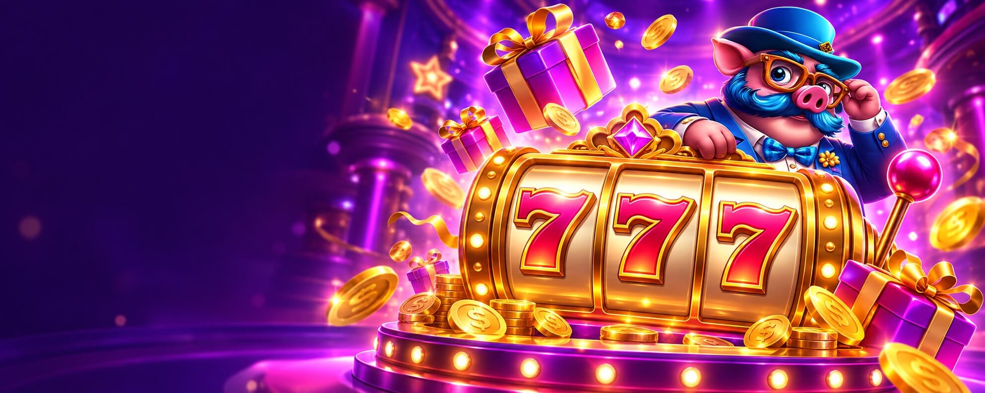 Golden slot reels and colorful gift boxes on a magical casino stage