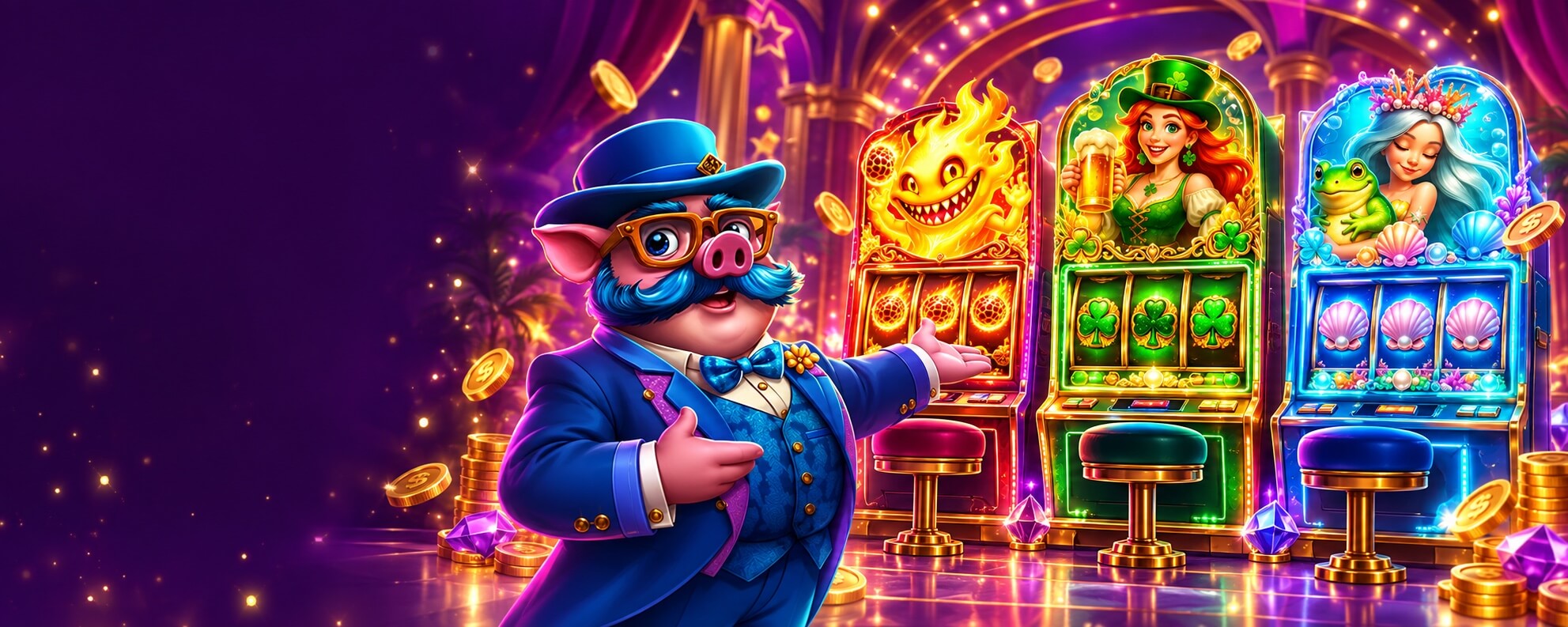 Piggy presents fire, clover and ocean themed casino slot machines