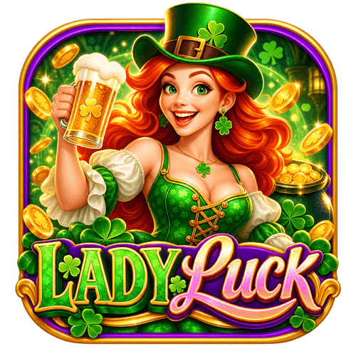 Lady Luck in an emerald hat surrounded by golden clovers